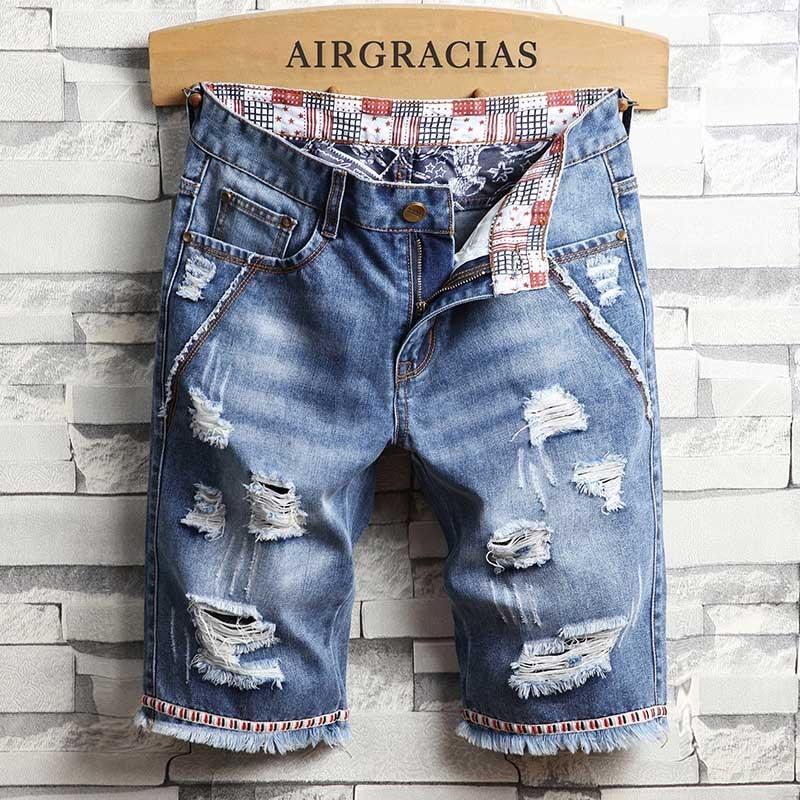 AIRGRACIAS Mens Shorts Ripped Hole Jeans Brand Clothing Cotton Short Breathable Denim Shorts Men New Fashion Bermuda Homme