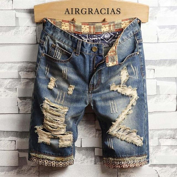 AIRGRACIAS Mens Shorts Ripped Hole Jeans Brand Clothing Cotton Short Breathable Denim Shorts Men New Fashion Bermuda Homme