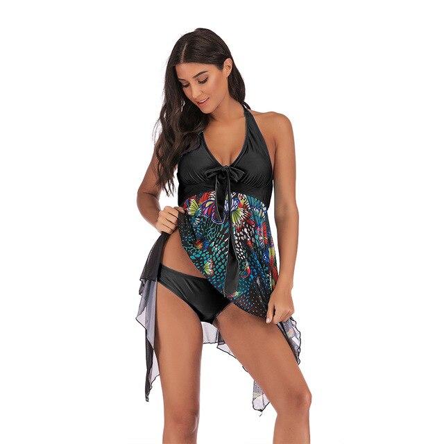Plus Size Tankini Set Women Two Piece Print Backless Swimsuit Swim Dress Halter Sexy Swimming Suit Beach Bathing Suit Skirt 5XL