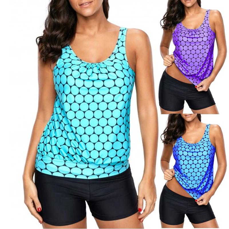 Big Size Polka Dot Swimwear Printed Round Neck Tankini Top and Shorts Women Bikinis Set S-5XL Large Sexy Swimsuit Female Biquini