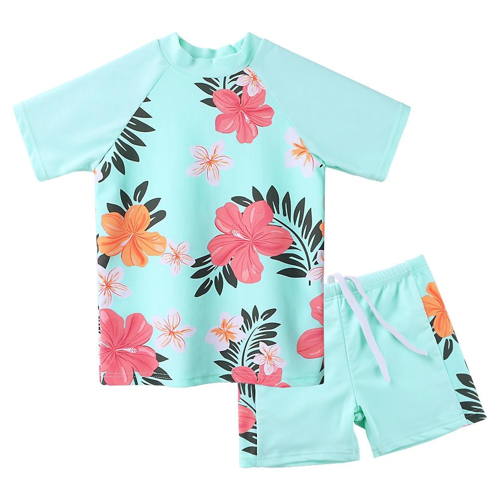 BAOHULU Short Sleeve Floral Girls Swimwear UPF50+ Children 2pcs Swimsuit Girls Kids Swimming Suits for 3-12 Years