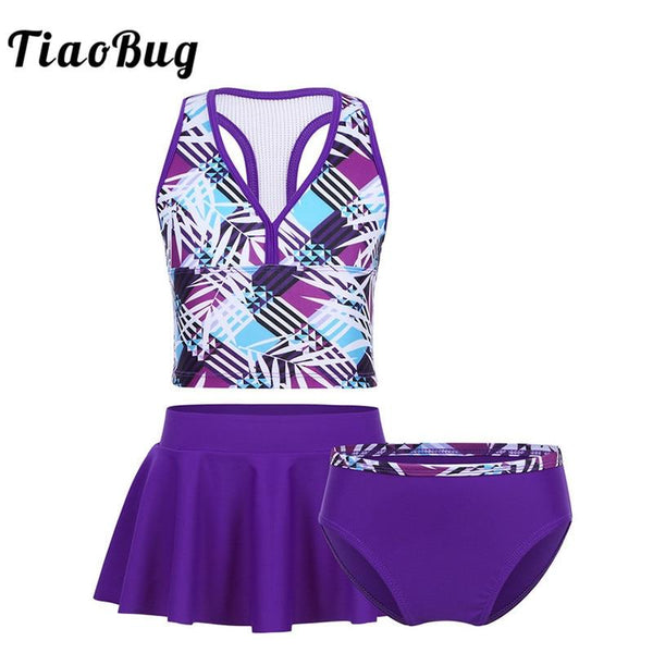 TiaoBug Kids Teens Purple Tankini Swimsuit Girls Swimwear Bathing Suit Plaid Crop Top with Bottoms Skirt Children Bikini Set