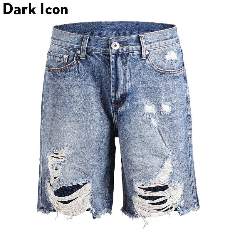 Dark Icon Loose Unlock Hemline Ripped Denim Shorts Men 2019 Summer High Street Fashion Men's Shorts
