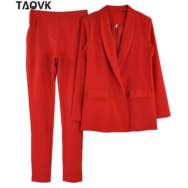 TAOVK Work Pant Suits OL 2 Piece Sets Turn-down Collar Blazer Jacket & Trouser Suit for Women Feminino Spring Autumn Workwear