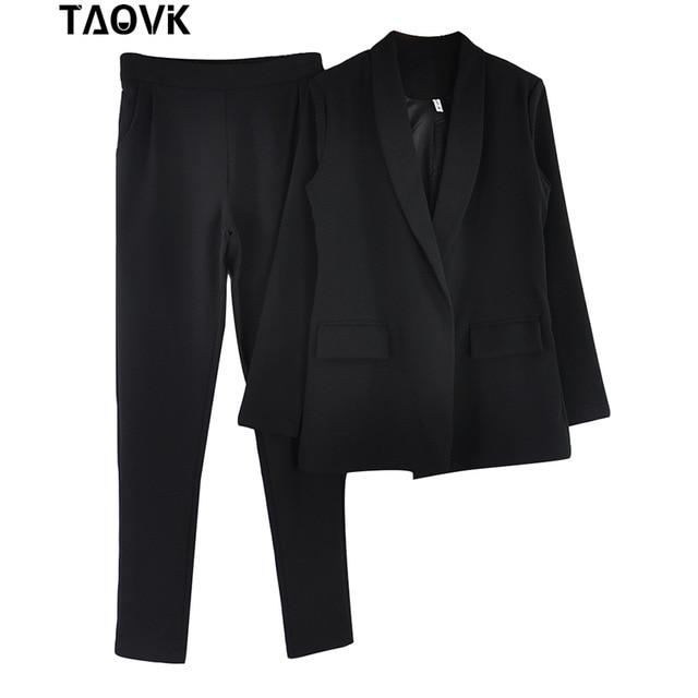 TAOVK Work Pant Suits OL 2 Piece Sets Turn-down Collar Blazer Jacket & Trouser Suit for Women Feminino Spring Autumn Workwear
