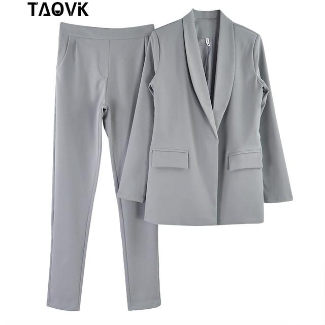 TAOVK Work Pant Suits OL 2 Piece Sets Turn-down Collar Blazer Jacket & Trouser Suit for Women Feminino Spring Autumn Workwear