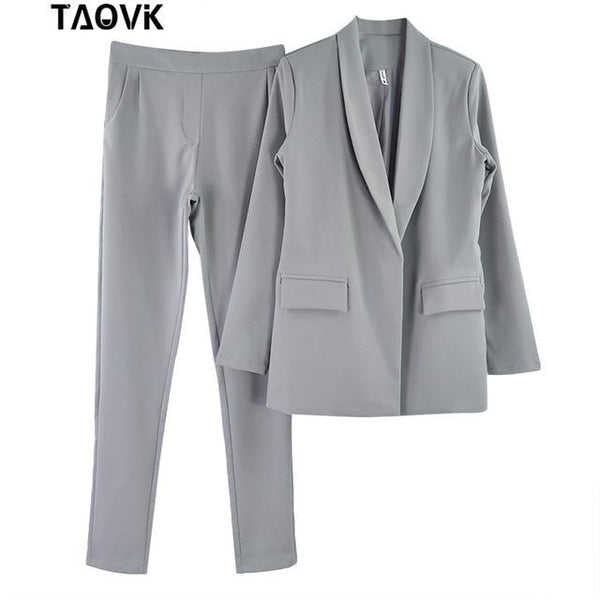 TAOVK Work Pant Suits OL 2 Piece Sets Turn-down Collar Blazer Jacket & Trouser Suit for Women Feminino Spring Autumn Workwear