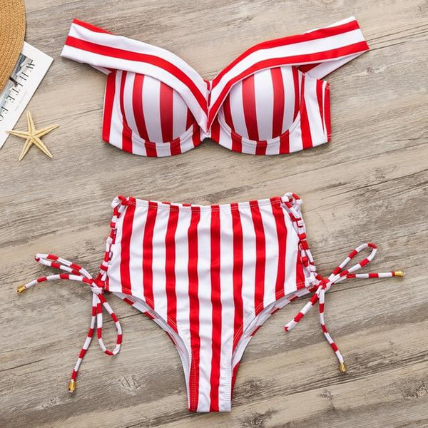Red Striped Swimsuit Women High Waist Bikini Set Off Shoulder Swimwear 2019 Lace Up Bathing Suit Sexy Two-piece Push Up Bathers