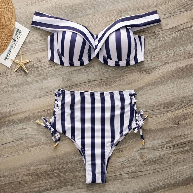 Red Striped Swimsuit Women High Waist Bikini Set Off Shoulder Swimwear 2019 Lace Up Bathing Suit Sexy Two-piece Push Up Bathers
