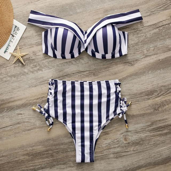 Red Striped Swimsuit Women High Waist Bikini Set Off Shoulder Swimwear 2019 Lace Up Bathing Suit Sexy Two-piece Push Up Bathers