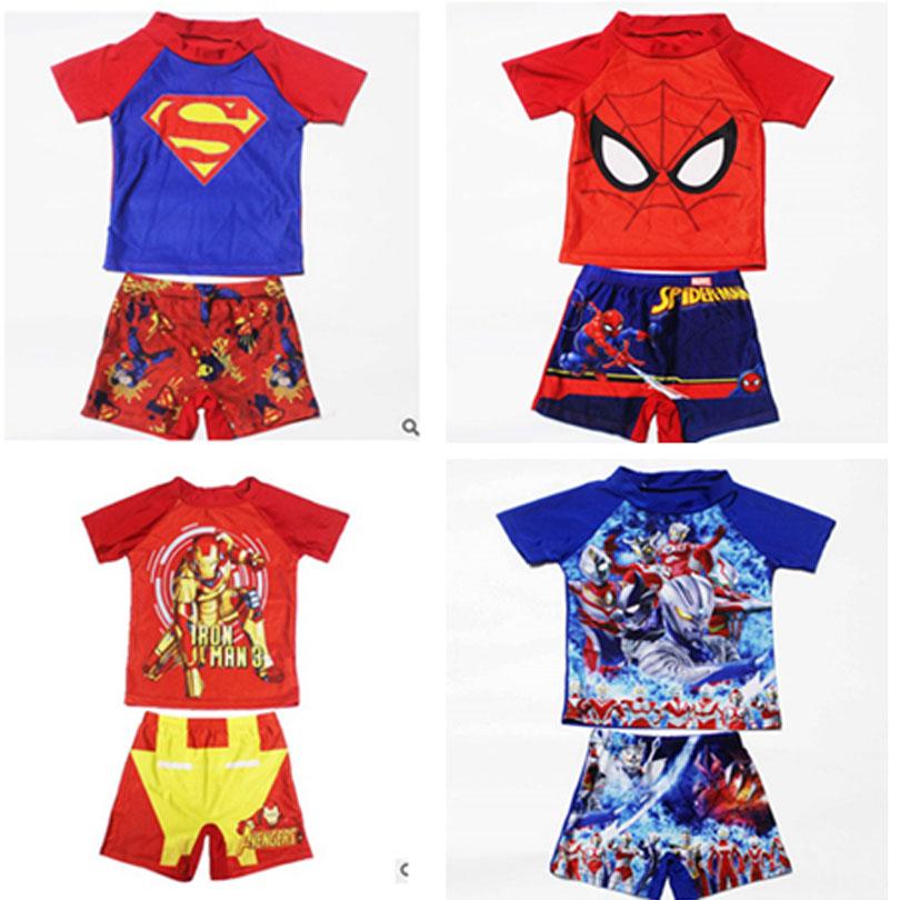 2-11Years Kids Teen Boys Swimwear 2pcs Swim Suit( T Shirt+ Trunk) Beach Swimsuits Sunblock Bathing Suit Superman Spiderman