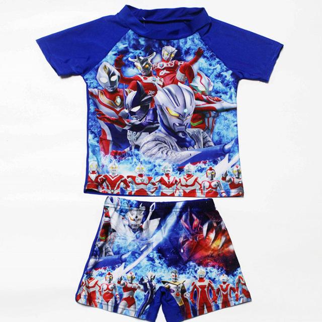 2-11Years Kids Teen Boys Swimwear 2pcs Swim Suit( T Shirt+ Trunk) Beach Swimsuits Sunblock Bathing Suit Superman Spiderman