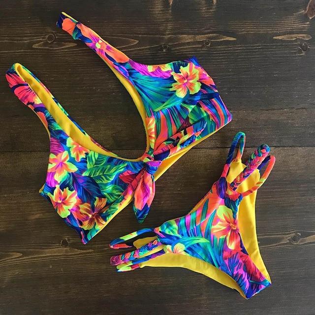2019 Bikinis Women Swimwear Push Up Bikini Set Swimsuit Top Solid Bottom Print Brazilian Biquini Bathing Suit Swim Wear Beach