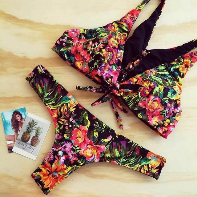 2019 Bikinis Women Swimwear Push Up Bikini Set Swimsuit Top Solid Bottom Print Brazilian Biquini Bathing Suit Swim Wear Beach