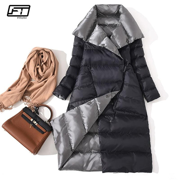 Fitaylor Women Double Sided Down Long Jacket Winter Turtleneck White Duck Down Coat Double Breasted Warm Parkas Snow Outwear