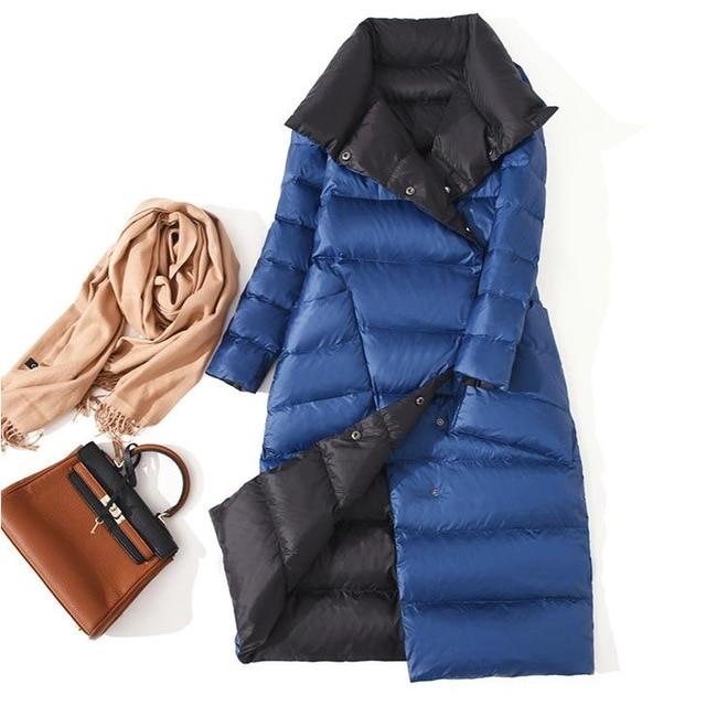Fitaylor Women Double Sided Down Long Jacket Winter Turtleneck White Duck Down Coat Double Breasted Warm Parkas Snow Outwear
