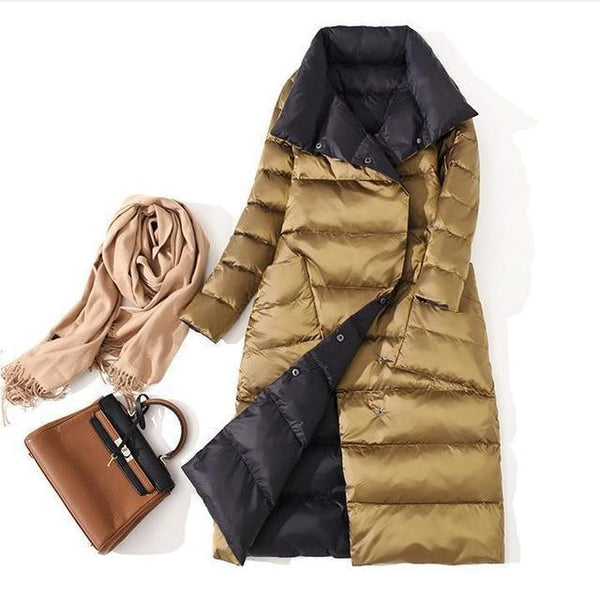 Fitaylor Women Double Sided Down Long Jacket Winter Turtleneck White Duck Down Coat Double Breasted Warm Parkas Snow Outwear