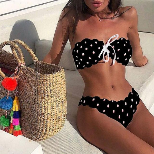 polka dots Print Bikini set Swimwear Women sexy strapless Bandeau Bikini Swimsuit Lace Up Biquini Bathing suit maillot de bain