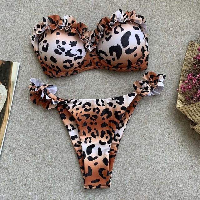 Padded Push Up Bikini Set Underwire Flower Ruffles Swimsuit For Women Sexy Solid Bandeau Female Bathing Suit 2018 Summer Biquini
