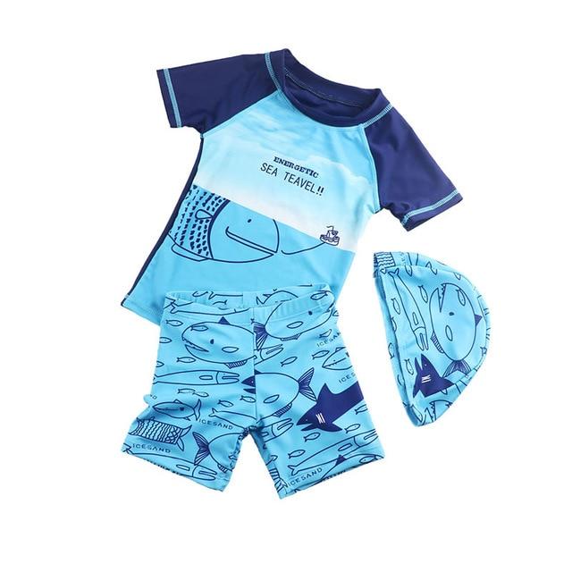 Kids Summer Beach Swimwear+shorts+hat Baby Boys Cartoon Fish Swimming Rashguard Children Surfing Water Sports Wear Bathing Suits
