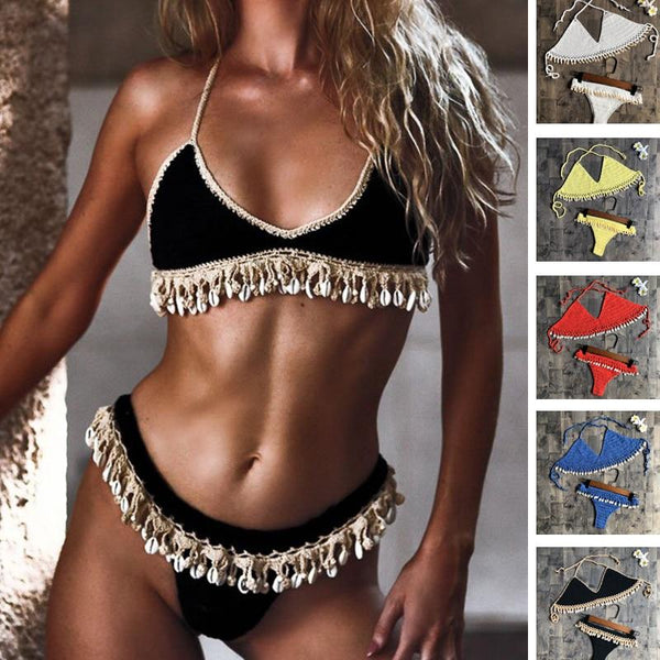Crochet Bikini Set Shell Tassels Bikini Brazilian Crochet Swimsuit Women Halter Swimwear Strappy Bikinis Free Shipping 2019 New