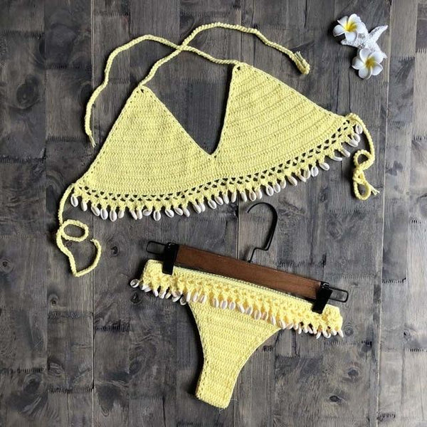 Crochet Bikini Set Shell Tassels Bikini Brazilian Crochet Swimsuit Women Halter Swimwear Strappy Bikinis Free Shipping 2019 New