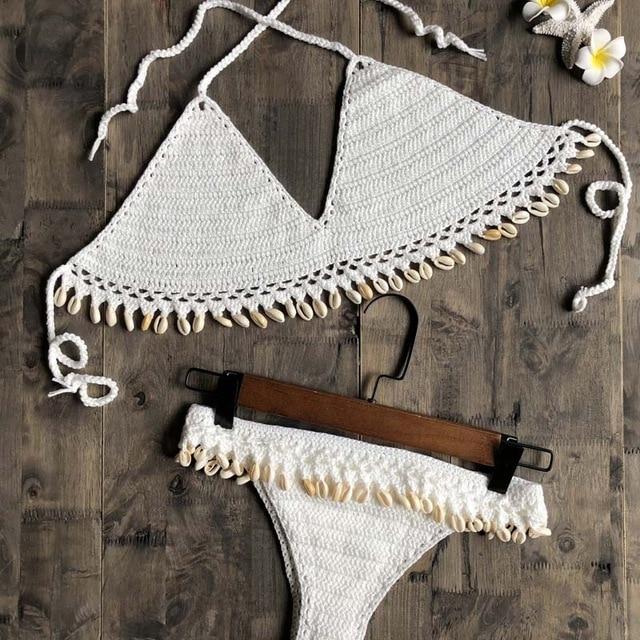 Crochet Bikini Set Shell Tassels Bikini Brazilian Crochet Swimsuit Women Halter Swimwear Strappy Bikinis Free Shipping 2019 New