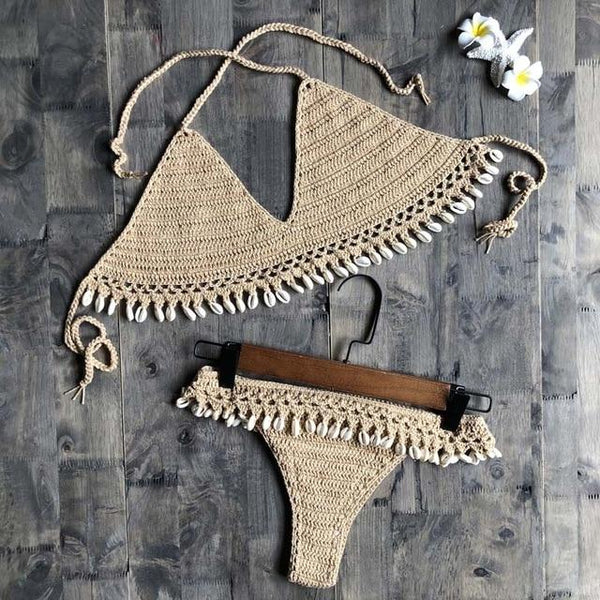 Crochet Bikini Set Shell Tassels Bikini Brazilian Crochet Swimsuit Women Halter Swimwear Strappy Bikinis Free Shipping 2019 New