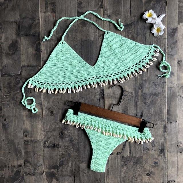 Crochet Bikini Set Shell Tassels Bikini Brazilian Crochet Swimsuit Women Halter Swimwear Strappy Bikinis Free Shipping 2019 New