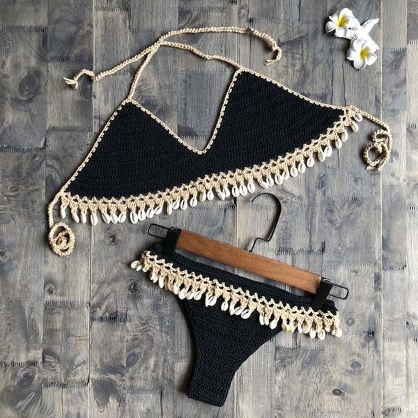 Crochet Bikini Set Shell Tassels Bikini Brazilian Crochet Swimsuit Women Halter Swimwear Strappy Bikinis Free Shipping 2019 New