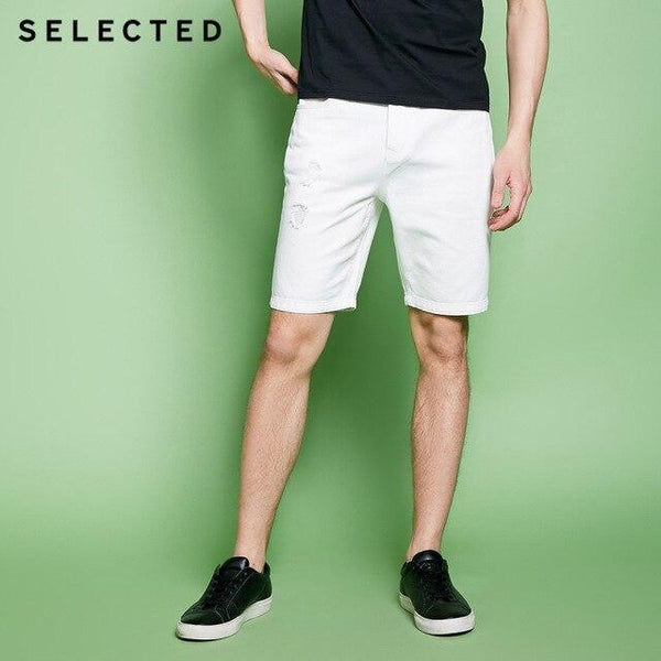SELECTED Men's Spring Loose Fit White Ripped Denim Shorts C