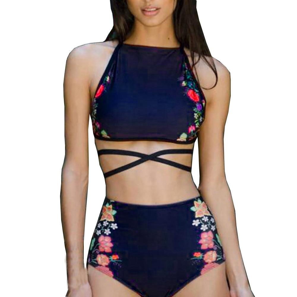 Swimwear Women Black Floral Print Swimming Suit For Women Sexy Hollow Out Tankini Swimsuits Womens Two Piece Swim Suit Womens