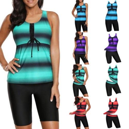 Summer Women Ladies Plus Size Two Piece Bikini Tankini Sleeveless Loose Tops Shorts Swimsuit Swimwear Swimming Bathing Suits