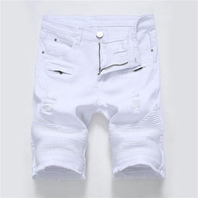 Men's Biker Denim Shorts 2019 Summer White Red Jeans Shorts Men Hip Hop Moto Brand Designer Skinny Ripped Hole Shorts WY268