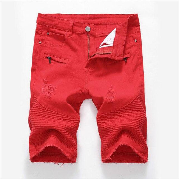 Men's Biker Denim Shorts 2019 Summer White Red Jeans Shorts Men Hip Hop Moto Brand Designer Skinny Ripped Hole Shorts WY268