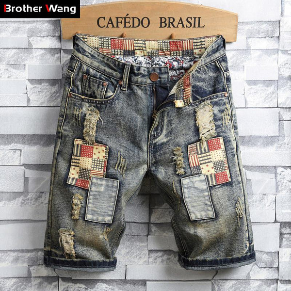 Brand Men's Retro Style Ripped Denim Shorts 2019 Summer New Fashion Casual Hole Patch Jean Shorts Male Brand Clothes