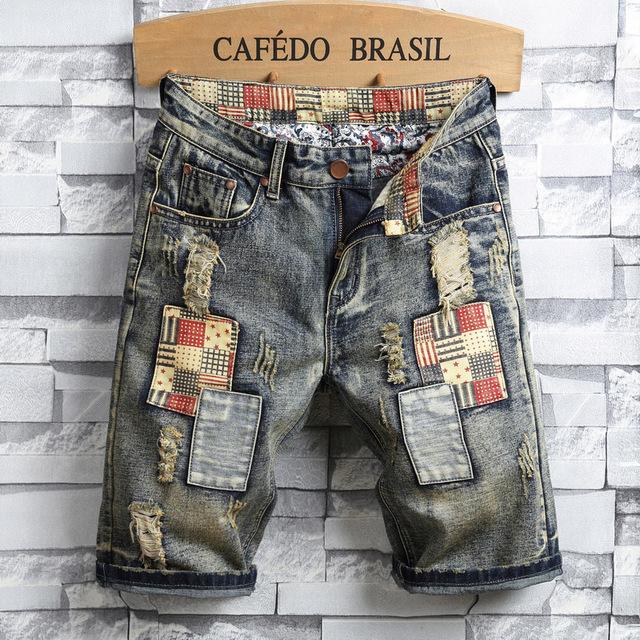 Brand Men's Retro Style Ripped Denim Shorts 2019 Summer New Fashion Casual Hole Patch Jean Shorts Male Brand Clothes