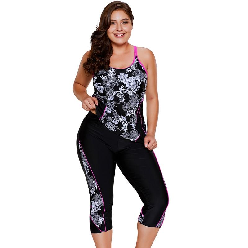 Women Plus Size Swimwear Print Tankini Top & Sports cropped Pants Fitness Two-Piece Swimsuit Beach Wear Bathing Suits S~3XL