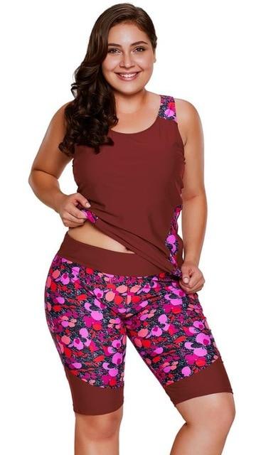 Women Plus Size Swimwear Print Tankini Top & Sports cropped Pants Fitness Two-Piece Swimsuit Beach Wear Bathing Suits S~3XL