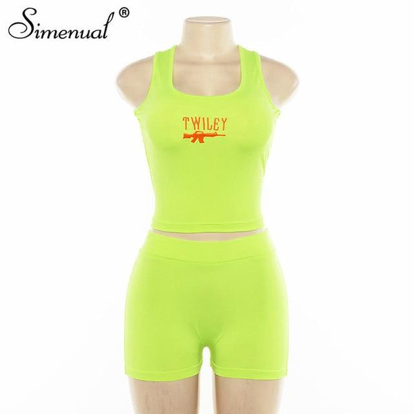 Simenual Letter Embroidery 2 Piece Set Women Casual Neon Color Tracksuits Summer Streetwear Crop Top And Shorts Sets Fashion New
