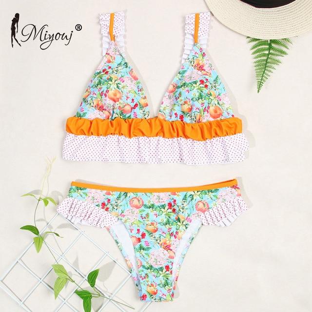 Miyouj Sexy Floral Bikini Hollow Out Swimsuit Stripe Cross String Swimwear Biquinis Feminino 2019 Bathing Suit Women Bikini Set
