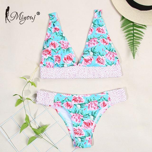 Miyouj Sexy Floral Bikini Hollow Out Swimsuit Stripe Cross String Swimwear Biquinis Feminino 2019 Bathing Suit Women Bikini Set