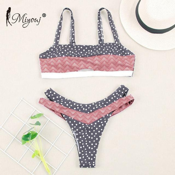 Miyouj Sexy Floral Bikini Hollow Out Swimsuit Stripe Cross String Swimwear Biquinis Feminino 2019 Bathing Suit Women Bikini Set