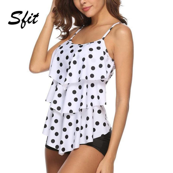 Sift 2019 Summer Women Two Piece Bikini Flounce Polka Dot Printed Tank Top with Boyshorts Bottoms Tankini Set Bathing Suits