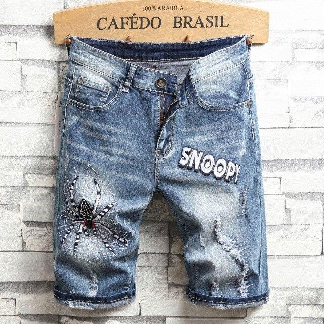 2019 New Arrive Men's Embroidery Ripped Short Jeans Summer Casual Wolf Pattern Slim Fit Straight Knee Length Brand Denim Shorts