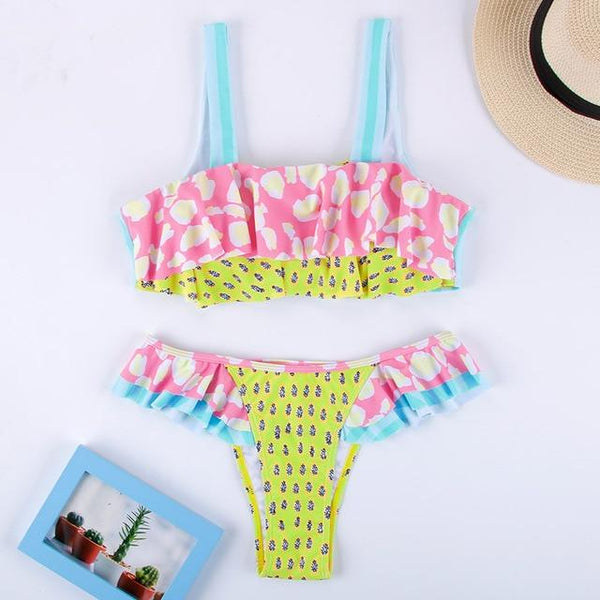 Zrtak Ruffle Bikini Bandage Floral Bow Swimsuit Female Swimwear Print Lace UP Biquini Feminino Bathing Suit Women Bikini Set
