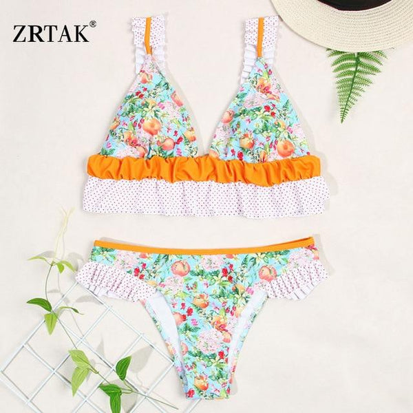 Zrtak Ruffle Bikini Bandage Floral Bow Swimsuit Female Swimwear Print Lace UP Biquini Feminino Bathing Suit Women Bikini Set