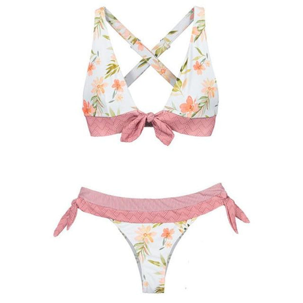 Zrtak Ruffle Bikini Bandage Floral Bow Swimsuit Female Swimwear Print Lace UP Biquini Feminino Bathing Suit Women Bikini Set