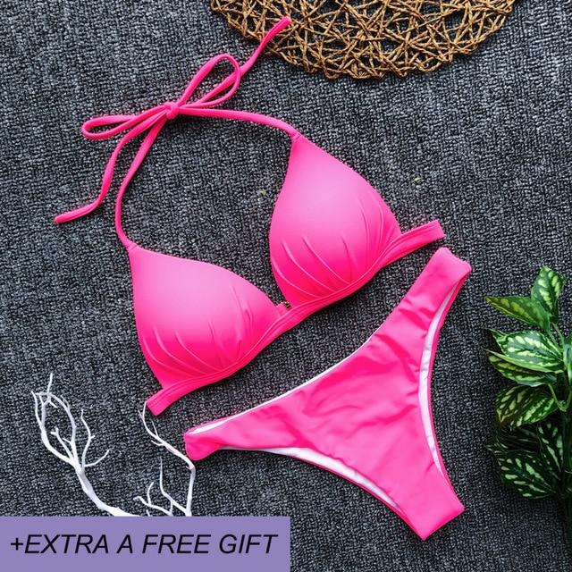 Adjustable Strap Bikini Set New High Cut Thong Swimsuit Solid Orange Swimwear Women Brazilian Biquini Swimming Suit Underwire