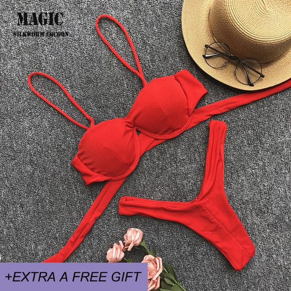 Adjustable Strap Bikini Set New High Cut Thong Swimsuit Solid Orange Swimwear Women Brazilian Biquini Swimming Suit Underwire